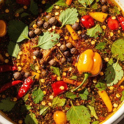 Close-up of a bowl of Jamaican jerk chicken marinade with fresh herbs and spices