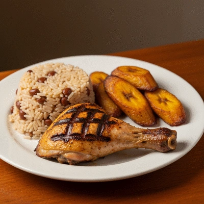 A perfectly grilled jerk chicken leg on a plate with traditional sides like rice and peas and fried plantains, vibrant colors, ready to eat, no text, no words, no typography, clean image