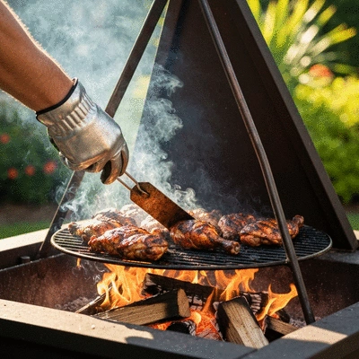 Jerk chicken being grilled over pimento wood on a traditional pit, smoke rising, vibrant cooking scene