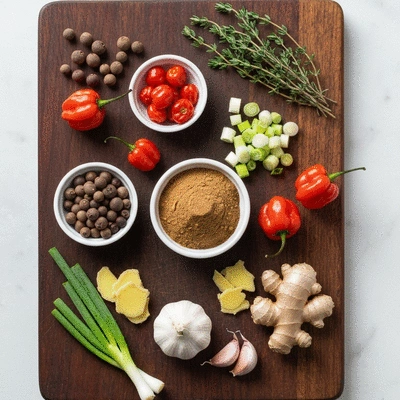 Assortment of Jamaican jerk ingredients including allspice and scotch bonnet peppers, no text