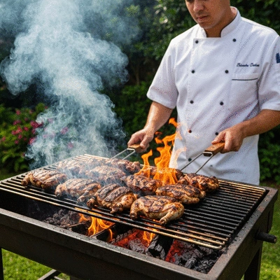 Chef grilling jerk chicken over pimento wood, smoke rising, outdoor setting