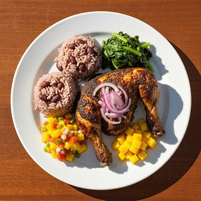 Beautifully plated jerk chicken with a variety of colorful side dishes like rice and beans, mango salsa, and steamed greens