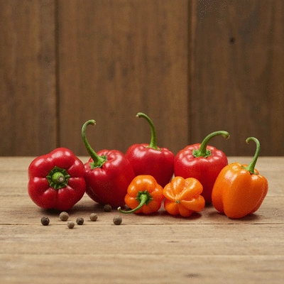 Assortment of pimento and Scotch bonnet peppers, vibrant colors, clean image, no text