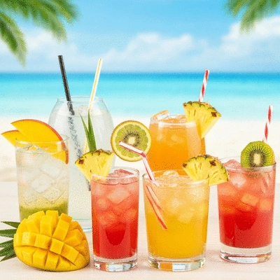 Assortment of refreshing Caribbean drinks, such as coconut water, rum punch, and sorrel, garnished with fresh fruits, vibrant colors, no text, no words, no typography, no labels, clean image