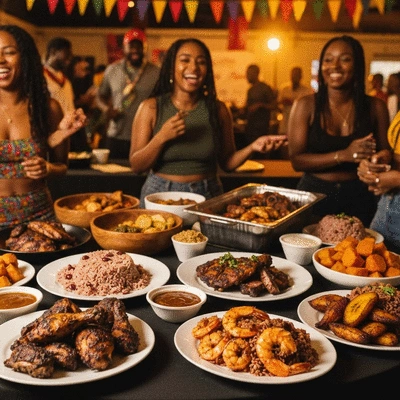 Variety of jerk dishes on a table at a vibrant Caribbean festival, people enjoying food in background