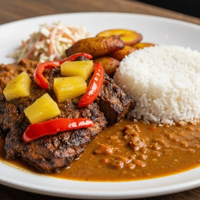 A beautifully plated Jamaican jerk pork dish with sides, showcasing vibrant colors and enticing textures, no text, no words, no typography, clean image