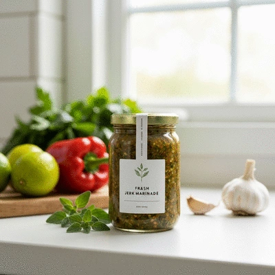 Glass jar of homemade jerk marinade with fresh herbs, ready for storage