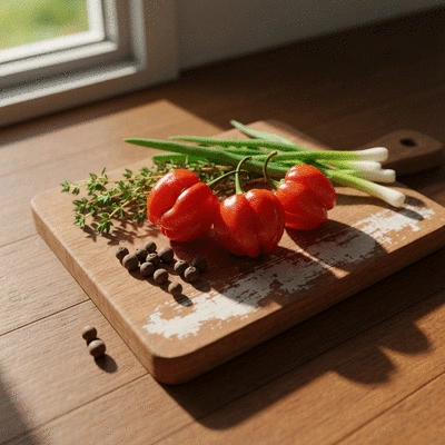 Assortment of fresh ingredients for jerk marinade, including Scotch bonnet peppers, allspice, thyme, and scallions on a wooden board