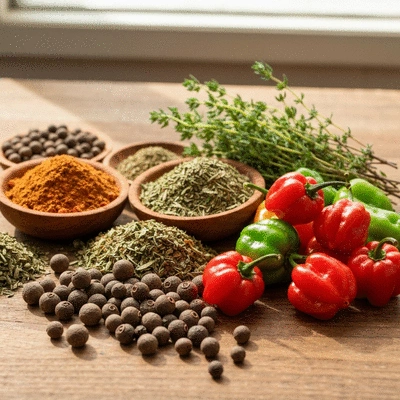 Assortment of fresh spices and herbs for jerk seasoning, including allspice, thyme, and Scotch bonnet peppers on a rustic wooden table