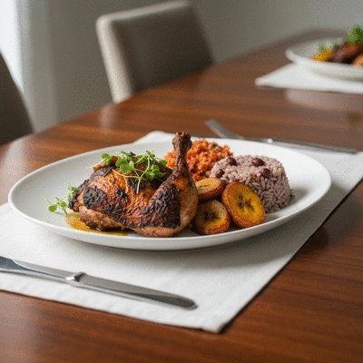 Cooked jerk chicken dish with vibrant side dishes