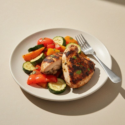 Healthy plate of jerk chicken with colorful vegetables, emphasizing mindful consumption, clean image, no text.