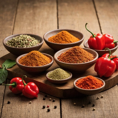 Assortment of jerk seasonings and Scotch bonnet peppers