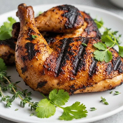 Close-up of perfectly grilled jerk chicken on a plate with fresh herbs