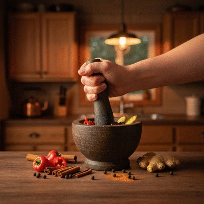 Hand grinding fresh spices for jerk seasoning, showing vibrant colors and textures