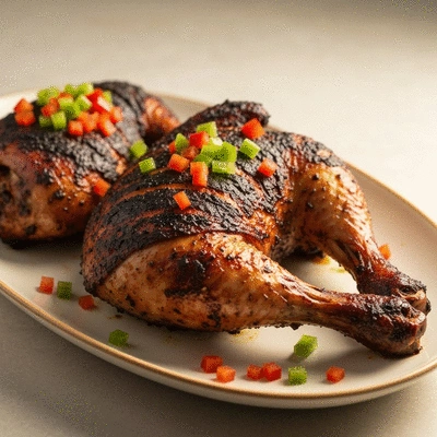 Smoked jerk chicken on a platter, tender and juicy, rich smoky flavor, professional food photography